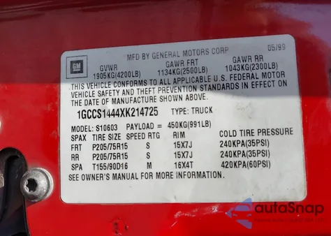 1999 Chevrolet S-10 Ls из США, поврежденный, VIN 1GCCS1444XK214725